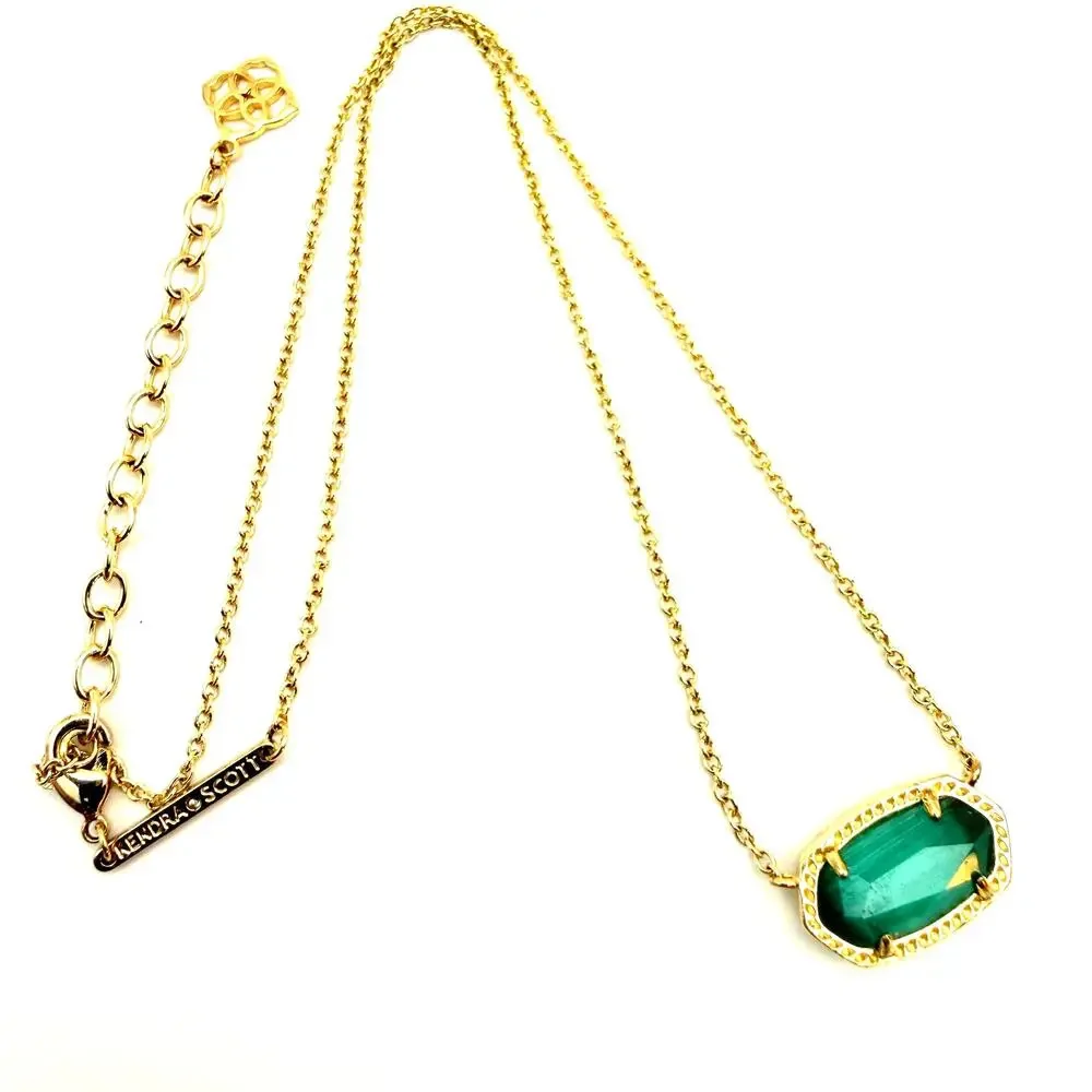 Kendra Scott Elisa Pendant Necklace Emerald Color Glass Gold Tone 15